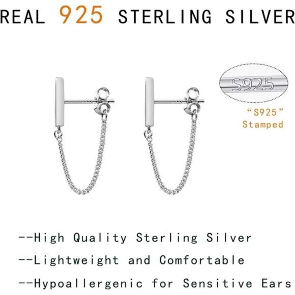 Solid 925 Sterling Silver Stud Earrings Minimalist Bar Earrings - Picture 6 of 14